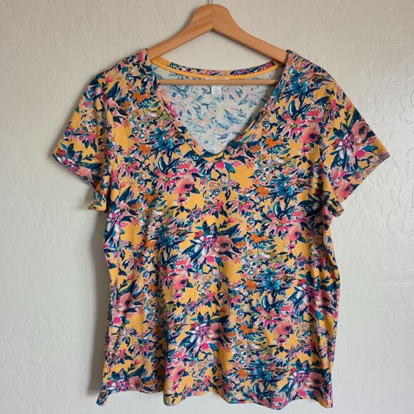 Sundance Garden Blossoms Cotton Short Sleeve Tee V-Neck Shirt Multicolor Size L - Picture 1 of 8
